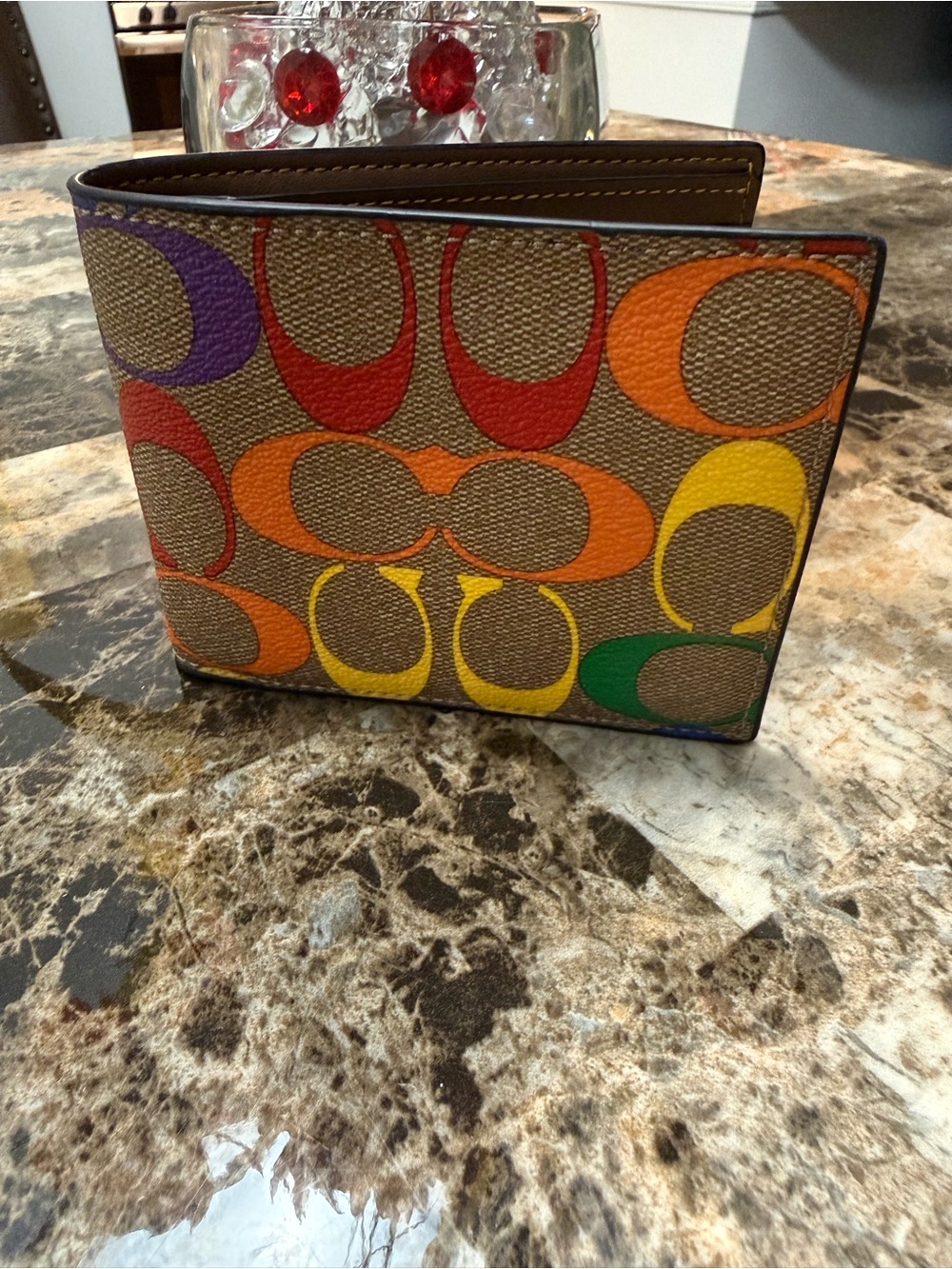 Coach Multicolor Signature Bi-Fold Wallet in Red Orange Yellow Green Purple